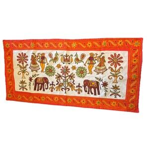 Indian Sewn Folk Art Cloth Table Runner Wall Hanging Embroidered People Animals